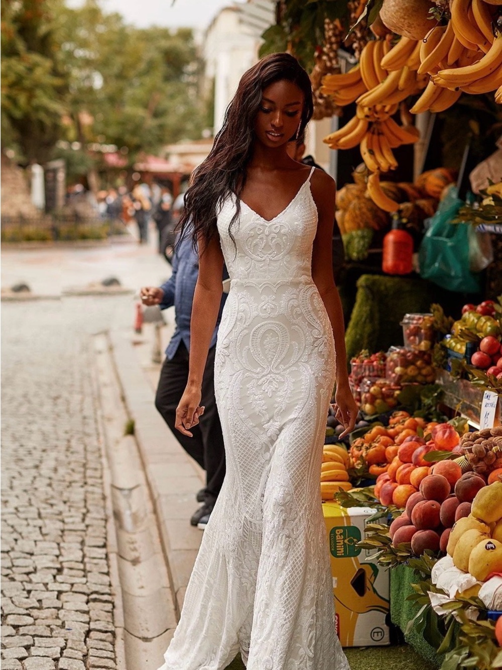 Alamour The Label White Lace Embroidered V-Neck Wedding Gown